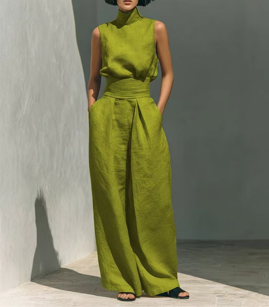 Sleeveless Stand-Collar Top and Wide-Leg Trousers Set - WowStore.live