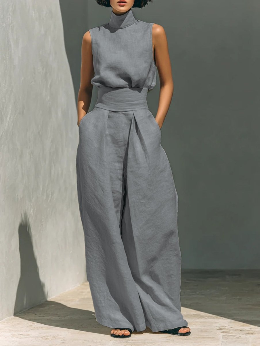 Sleeveless Stand-Collar Top and Wide-Leg Trousers Set - WowStore.live