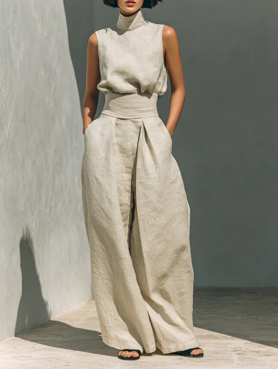 Sleeveless Stand-Collar Top and Wide-Leg Trousers Set - WowStore.live