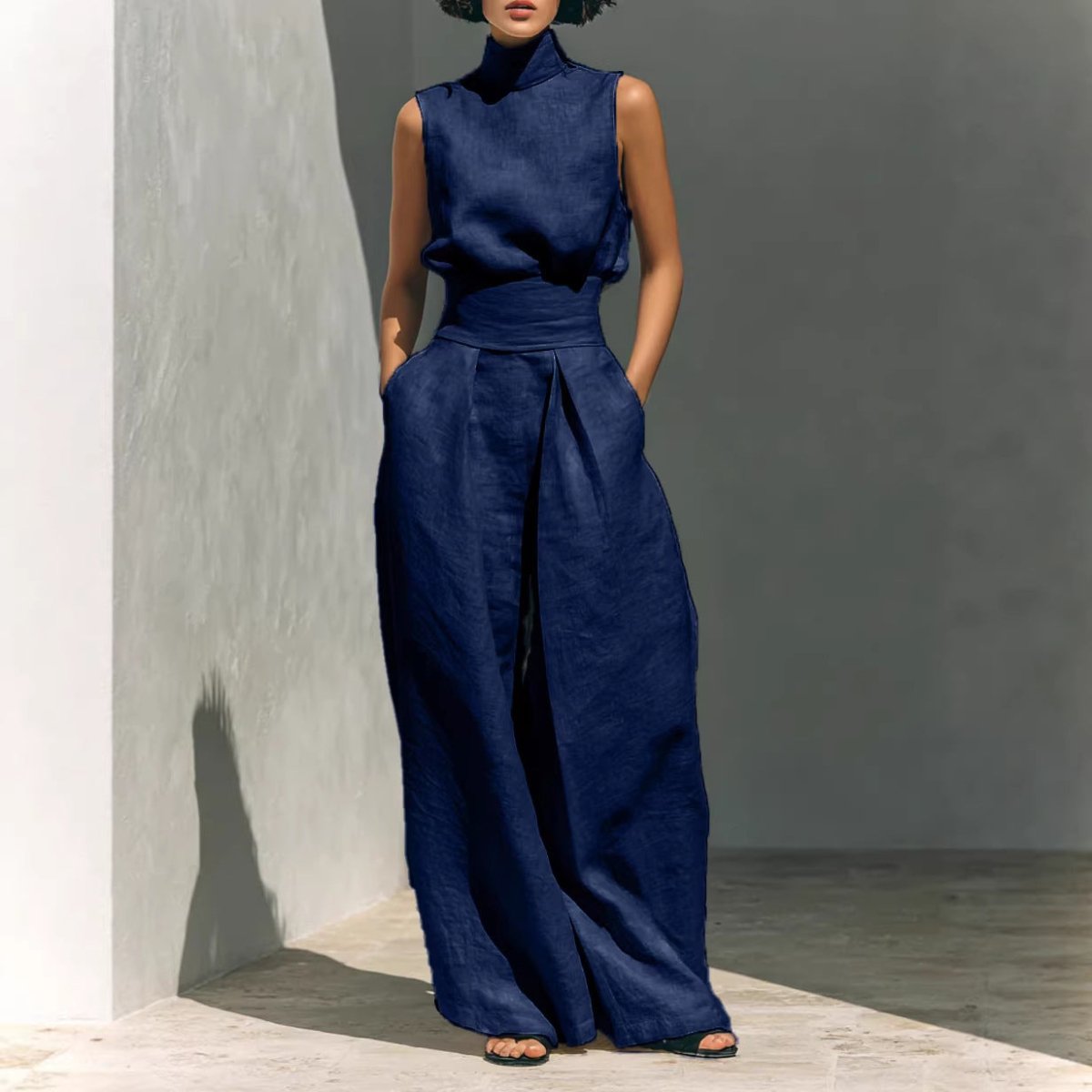 Sleeveless Stand-Collar Top and Wide-Leg Trousers Set - WowStore.live