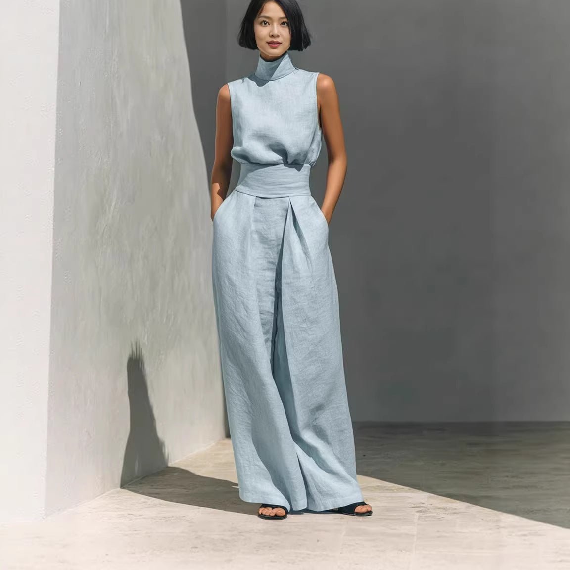 Sleeveless Stand-Collar Top and Wide-Leg Trousers Set - WowStore.live