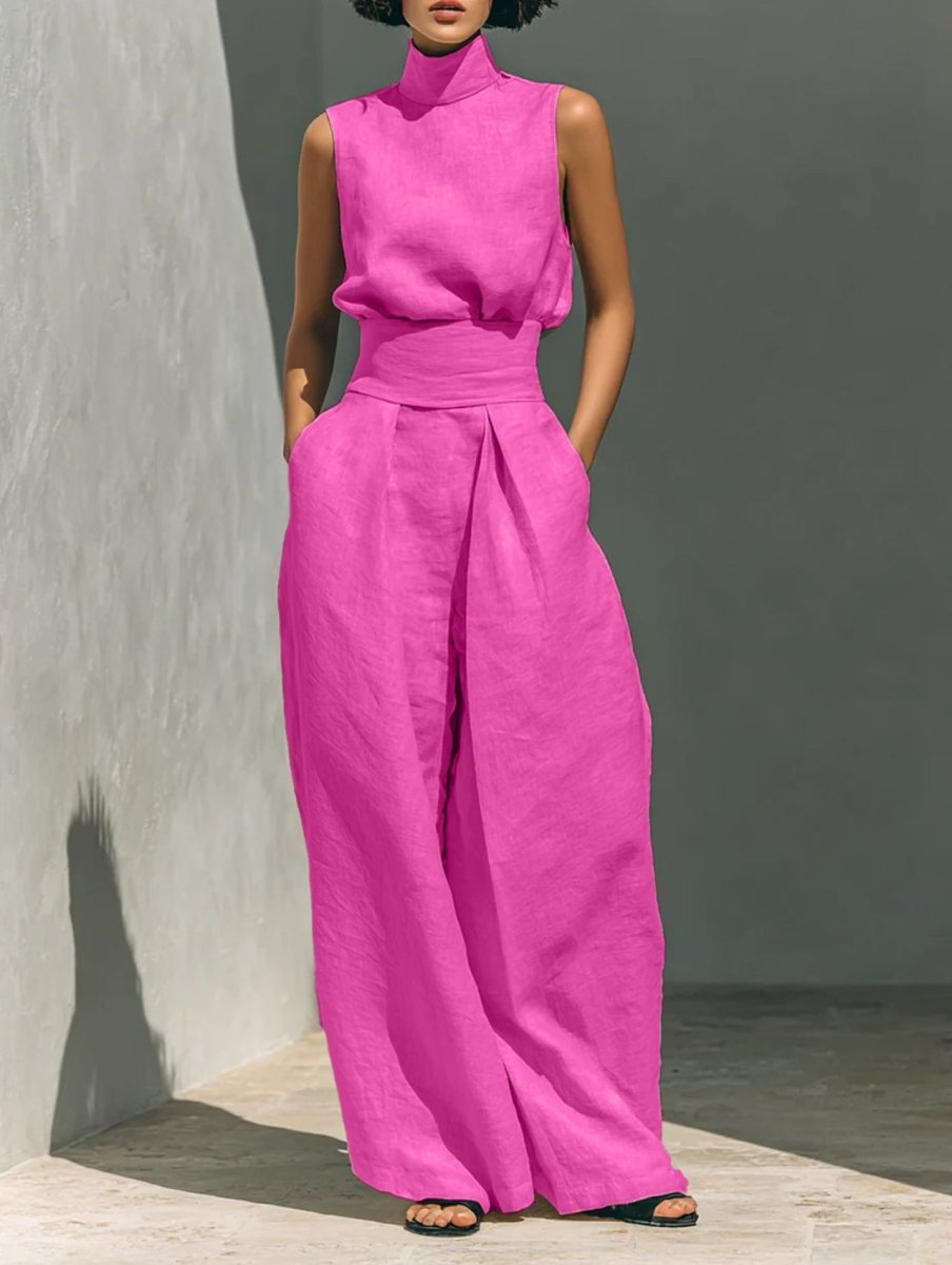 Sleeveless Stand-Collar Top and Wide-Leg Trousers Set - WowStore.live