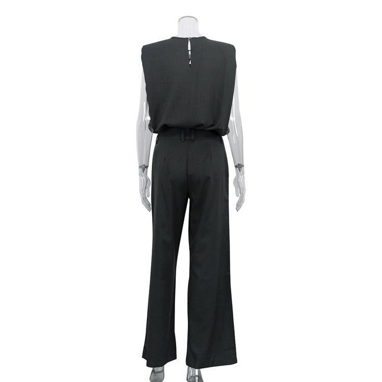 Top and trousers on a mannequin, back view with button closure at the neck