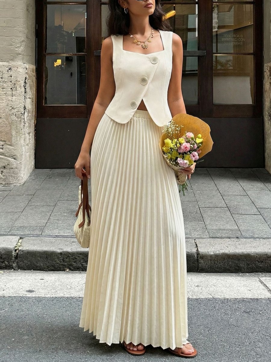 Sleeveless Vest and Pleated Maxi Skirt Set - Wow Store