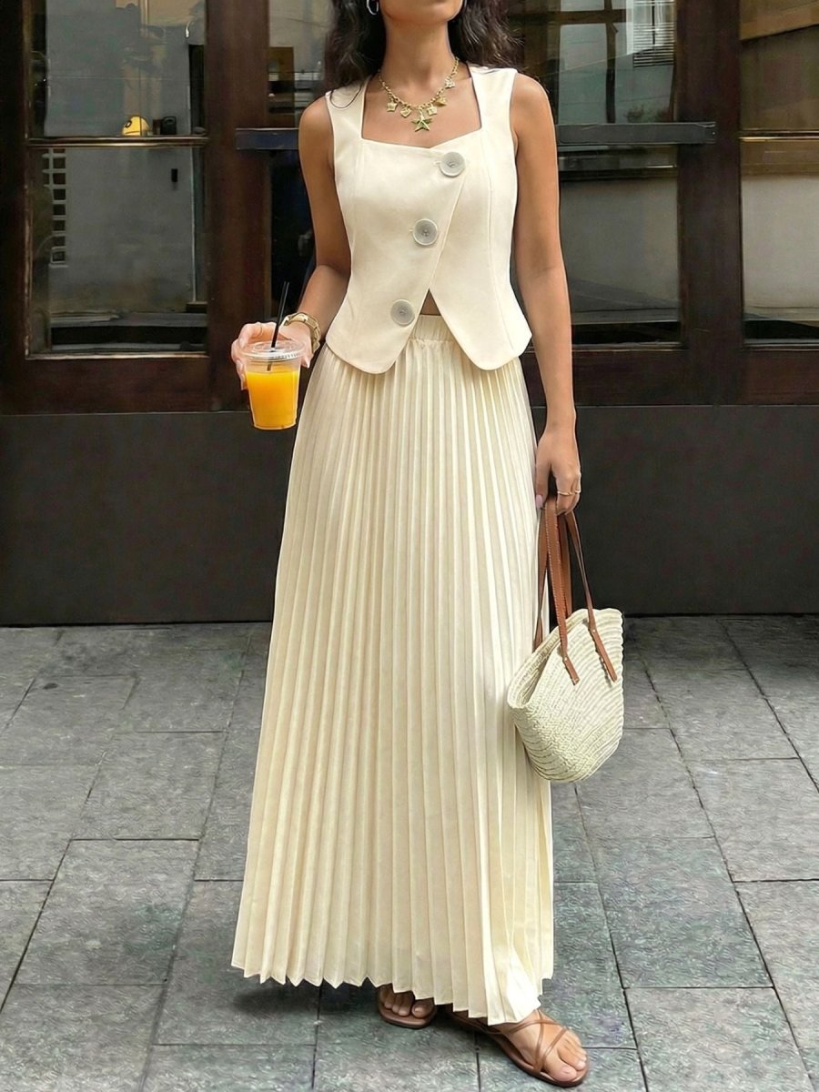 Sleeveless Vest and Pleated Maxi Skirt Set - Wow Store