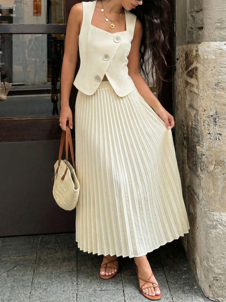 Sleeveless Vest and Pleated Maxi Skirt Set - Wow Store
