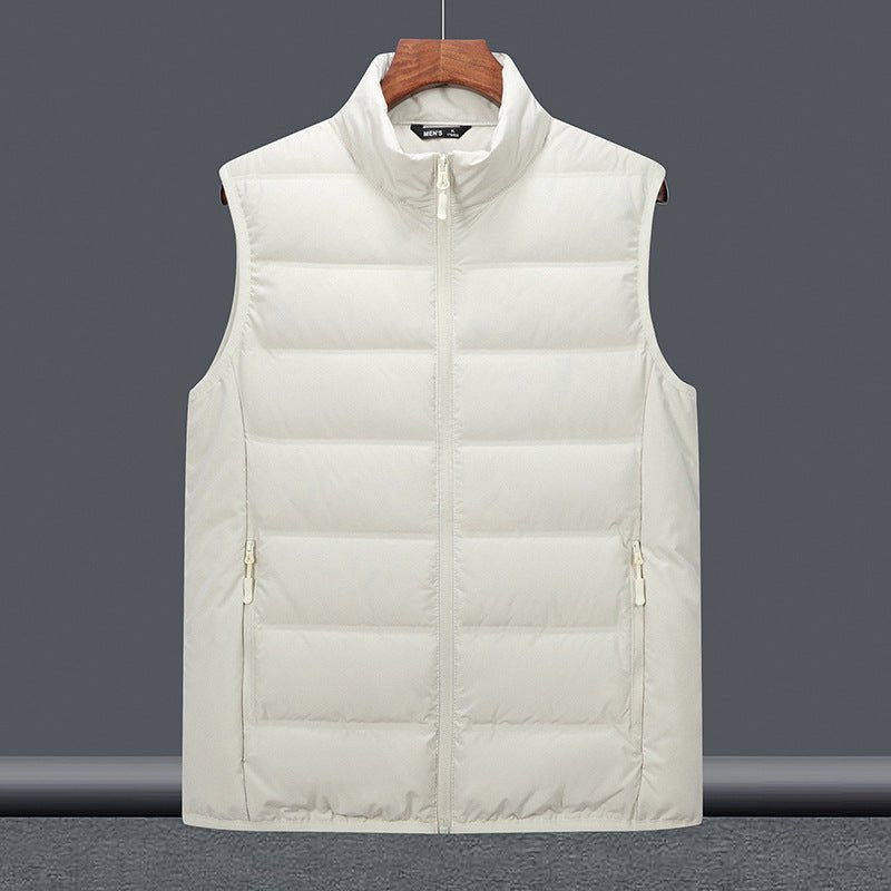 White sleeveless puffer gilet front view, stand collar, full-length zip, two side zipped pockets, on hanger against grey