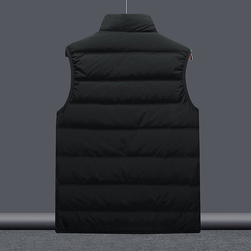 Black sleeveless puffer gilet back view, stand collar, horizontal stitching, no sleeves, on hanger against grey background