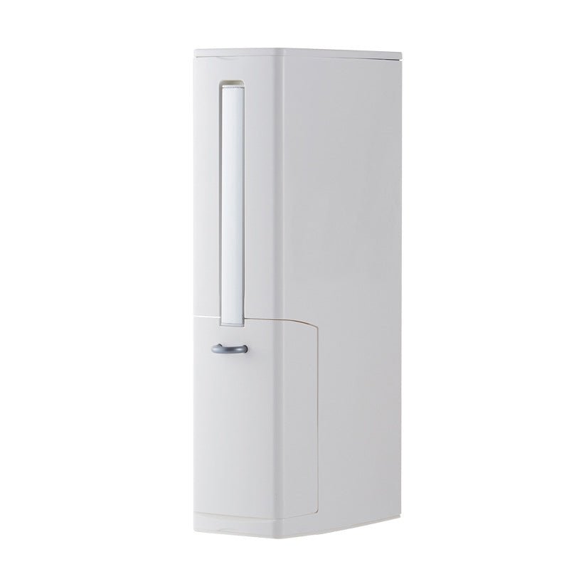 White slim bathroom bin with built-in toilet brush, closed and seen from the front
