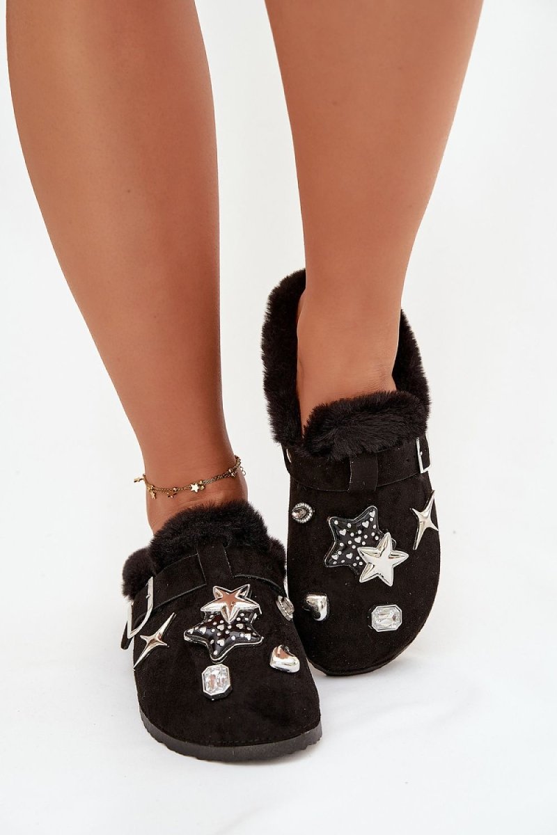 Black eco suede slippers with fur lining