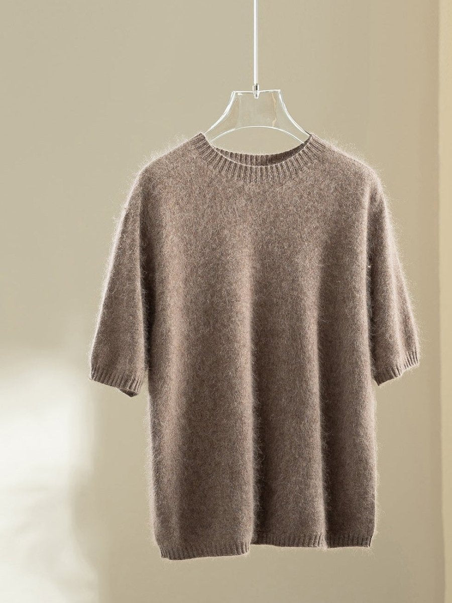 Taupe wool blend jumper with elbow-length puff sleeves on a hanger