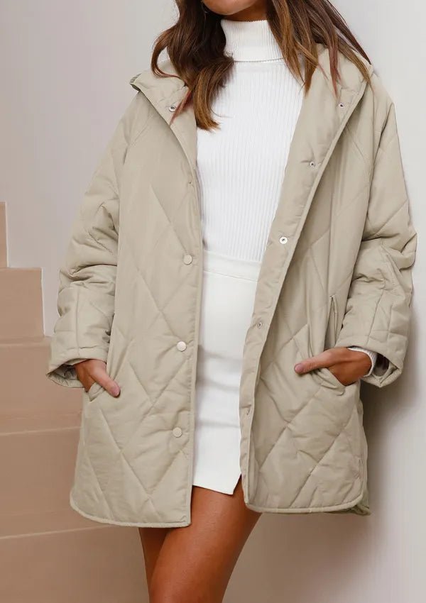 Snap Down Long Sleeve Quilted Winter Coat - Wow Store