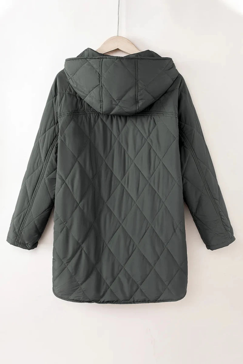 Snap Down Long Sleeve Quilted Winter Coat - Wow Store