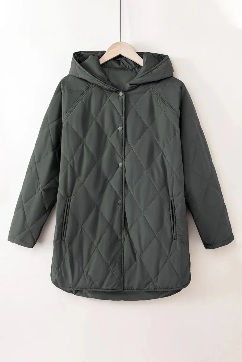 Snap Down Long Sleeve Quilted Winter Coat - Wow Store