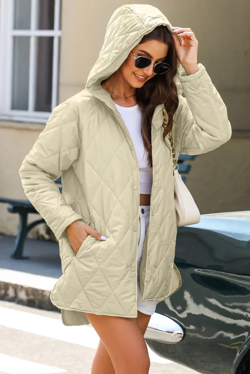 Snap Down Long Sleeve Quilted Winter Coat - Wow Store