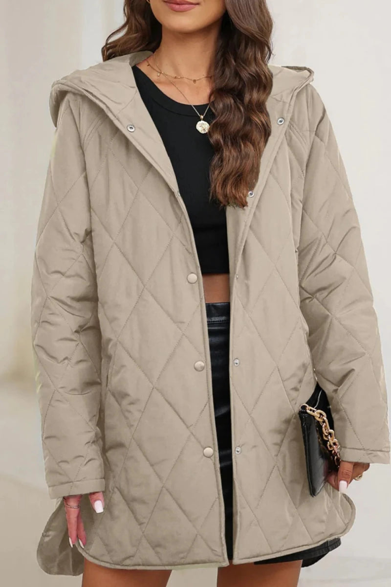 Snap Down Long Sleeve Quilted Winter Coat - Wow Store
