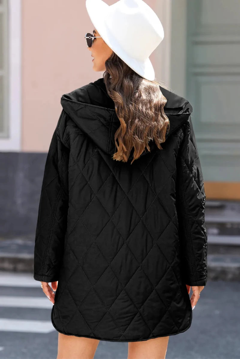 Snap Down Long Sleeve Quilted Winter Coat - Wow Store