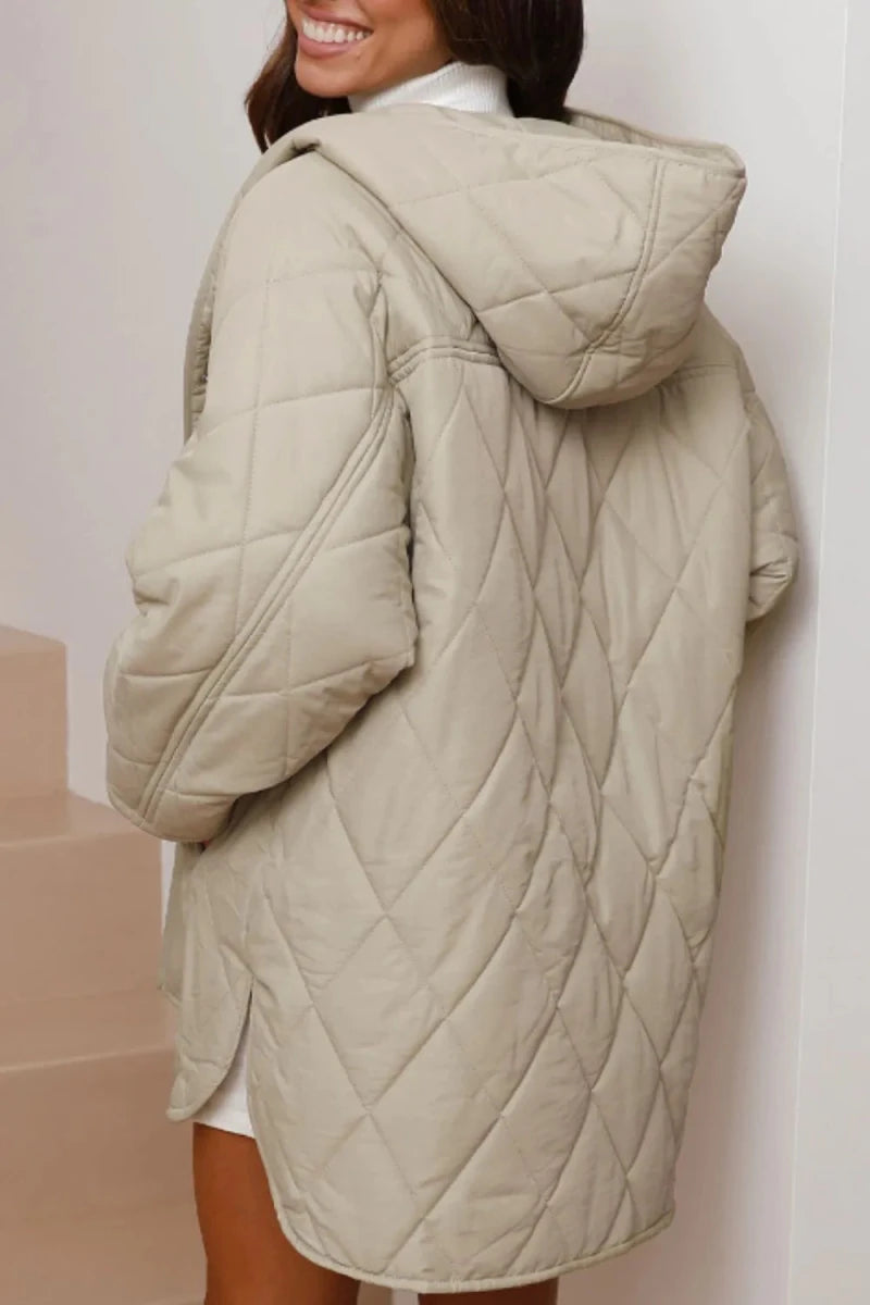 Snap Down Long Sleeve Quilted Winter Coat - Wow Store