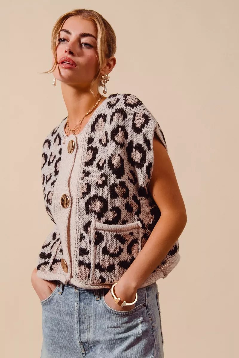 SO ME Big Metal Button Front Leopard Sweater Vest Top - Wow Store
