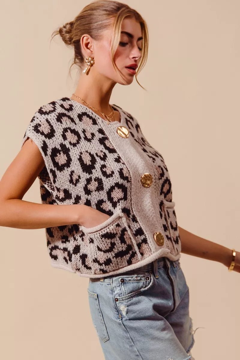 SO ME Big Metal Button Front Leopard Sweater Vest Top - Wow Store