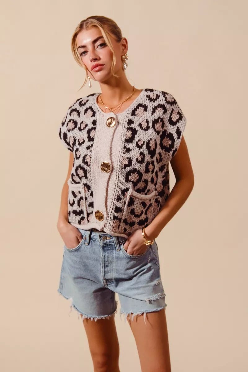 SO ME Big Metal Button Front Leopard Sweater Vest Top - Wow Store