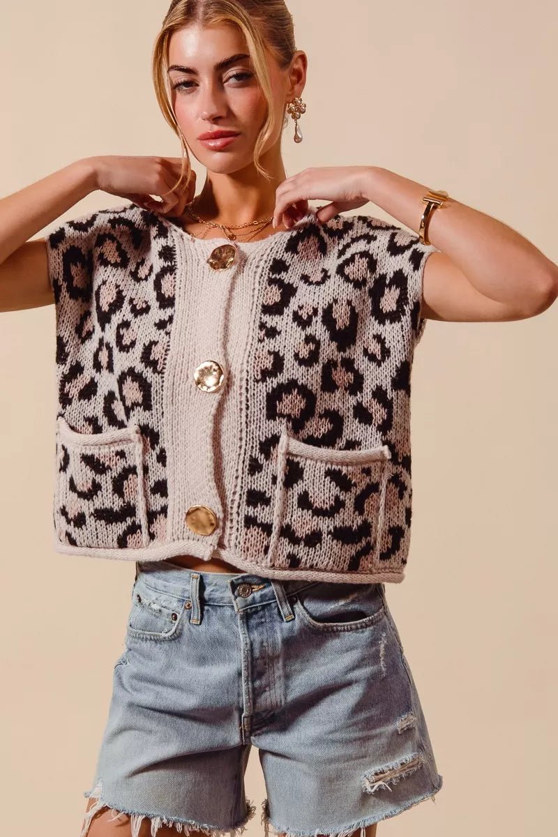SO ME Big Metal Button Front Leopard Sweater Vest Top - Wow Store