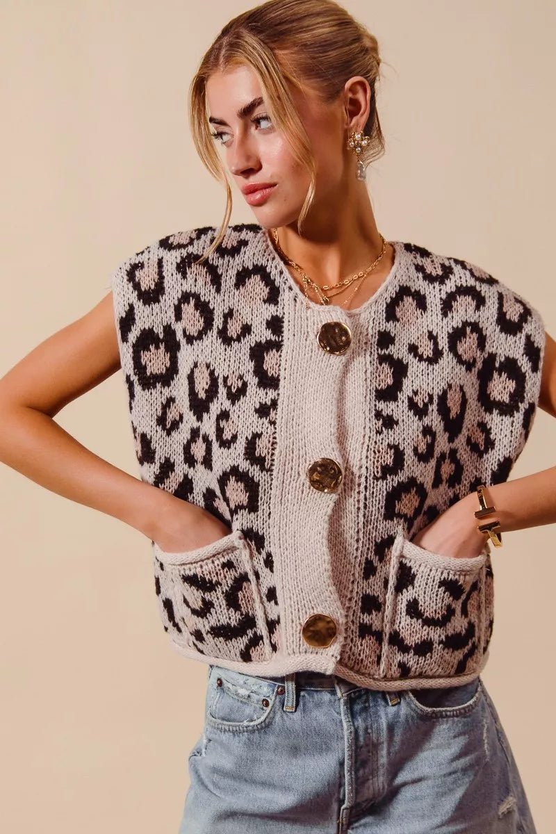 SO ME Big Metal Button Front Leopard Sweater Vest Top - Wow Store