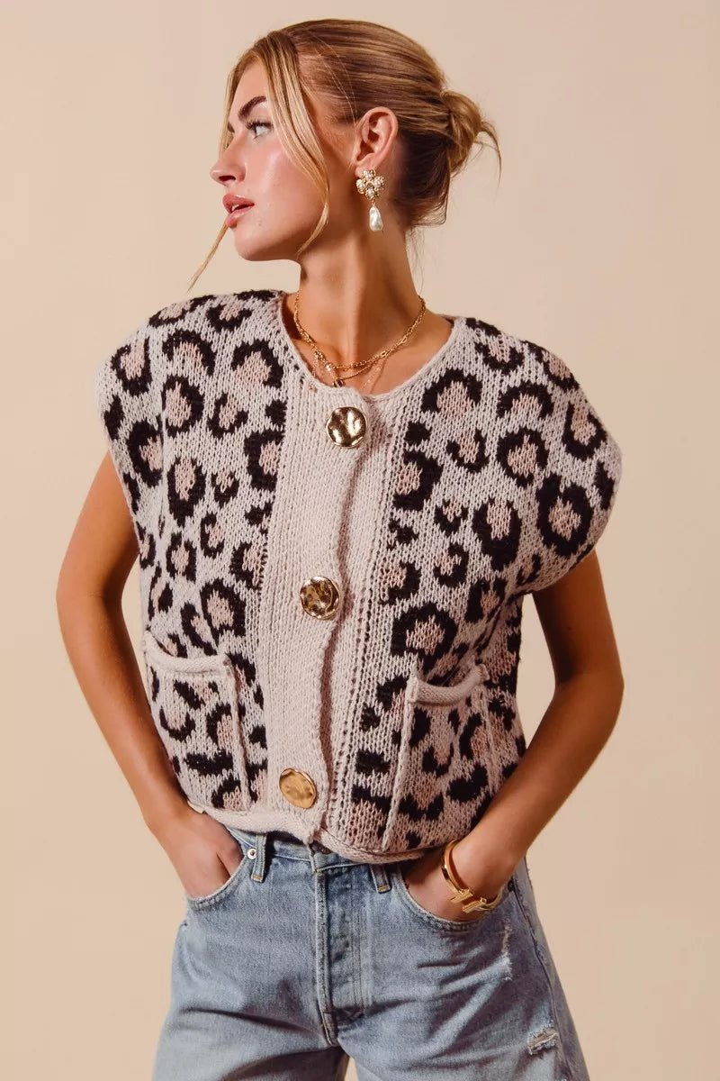 SO ME Big Metal Button Front Leopard Sweater Vest Top - Wow Store