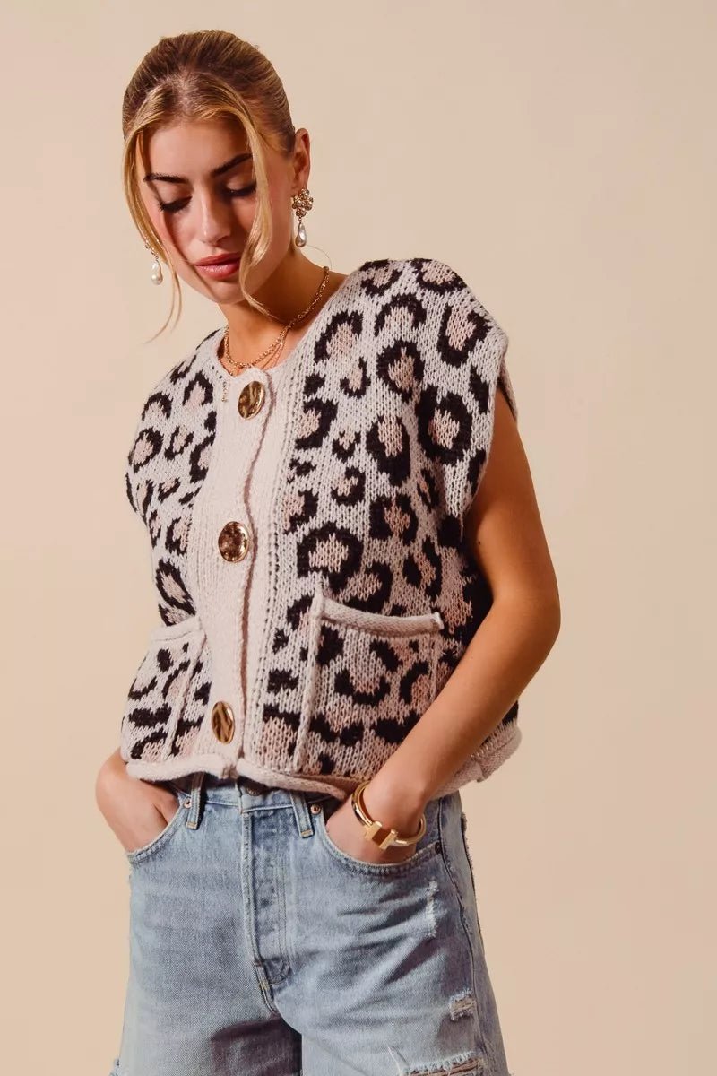 SO ME Big Metal Button Front Leopard Sweater Vest Top - Wow Store