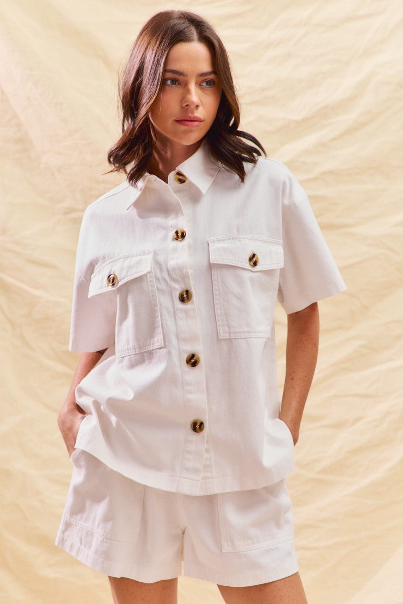 SO ME Button Down Denim Game Day Top and Shorts Set – relaxed fit denim set with button-front top and coordinating shorts