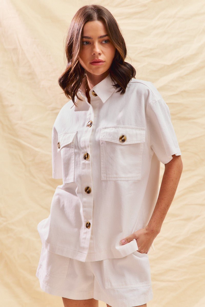 SO ME Button Down Denim Game Day Top and Shorts Set - Wow Store