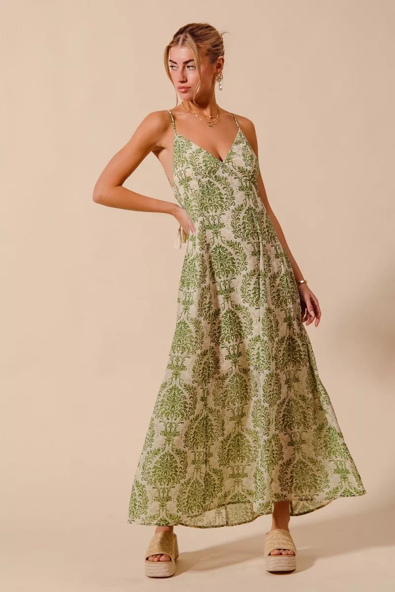 SO ME Damask Floral Summer Maxi Flowy Dress with Open Back - Elegant women's summer dress in soft pink and green floral print
