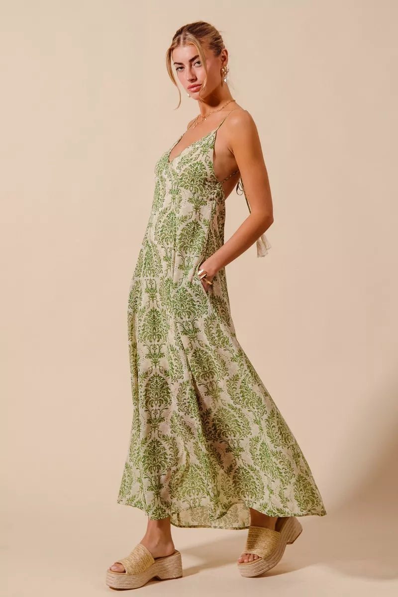 SO ME Damask Floral Summer Maxi Flowy Dress With Open Back - Wow Store