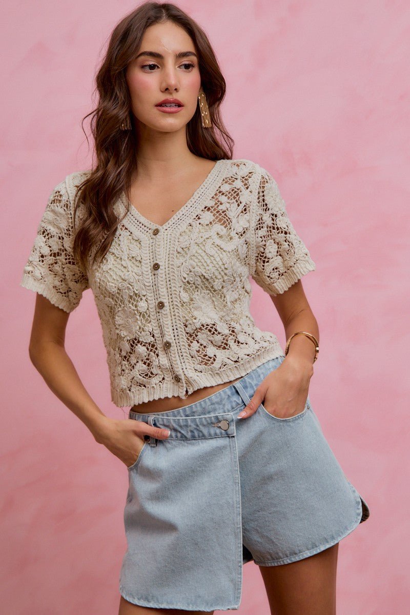 SO ME Floral Crochet Lace Button Down Cardigan - Wow Store