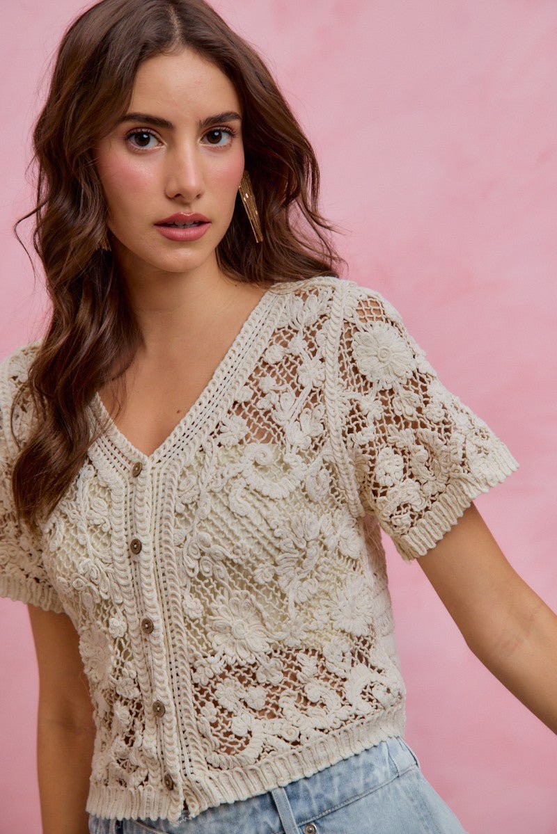 SO ME Floral Crochet Lace Button Down Cardigan - Wow Store