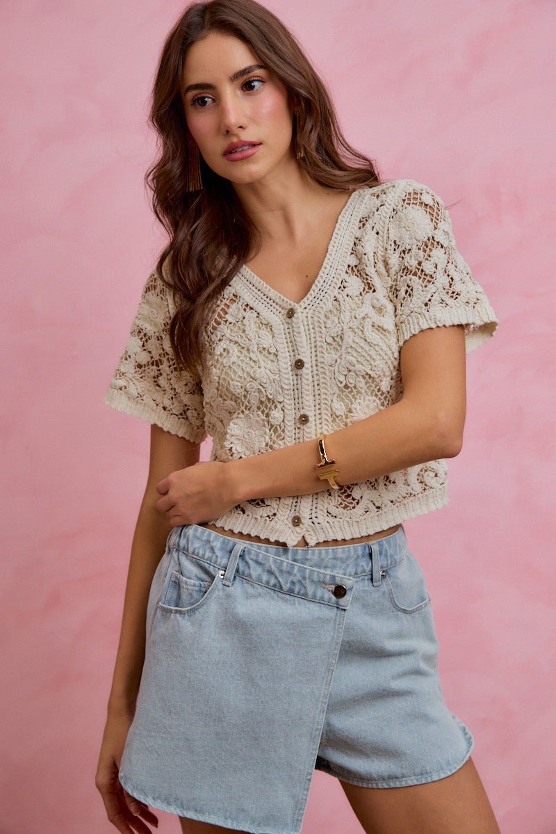 SO ME Floral Crochet Lace Button Down Cardigan - Boho chic lightweight cardigan with floral lace detailing and button front