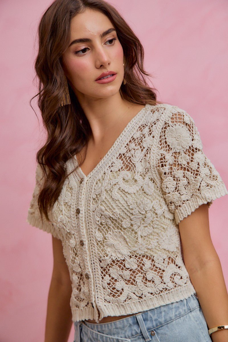 SO ME Floral Crochet Lace Button Down Cardigan - Wow Store