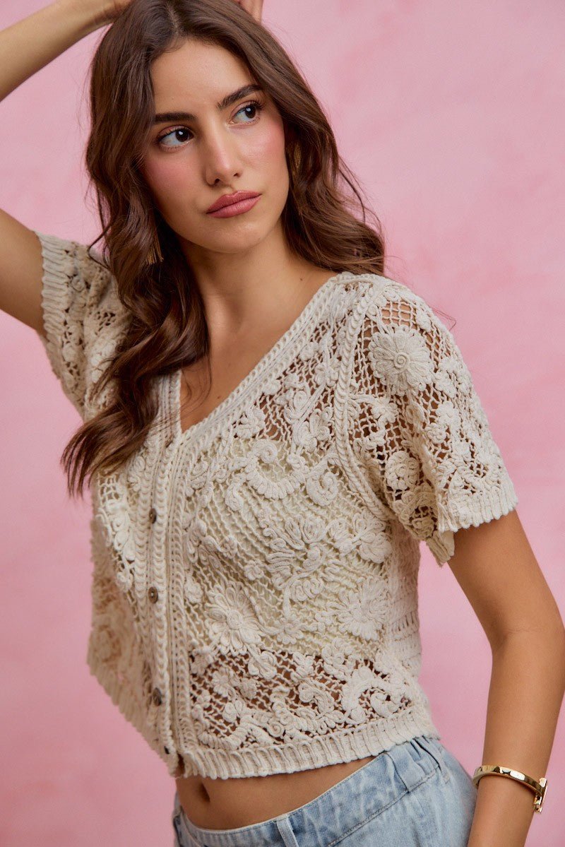 SO ME Floral Crochet Lace Button Down Cardigan - Wow Store