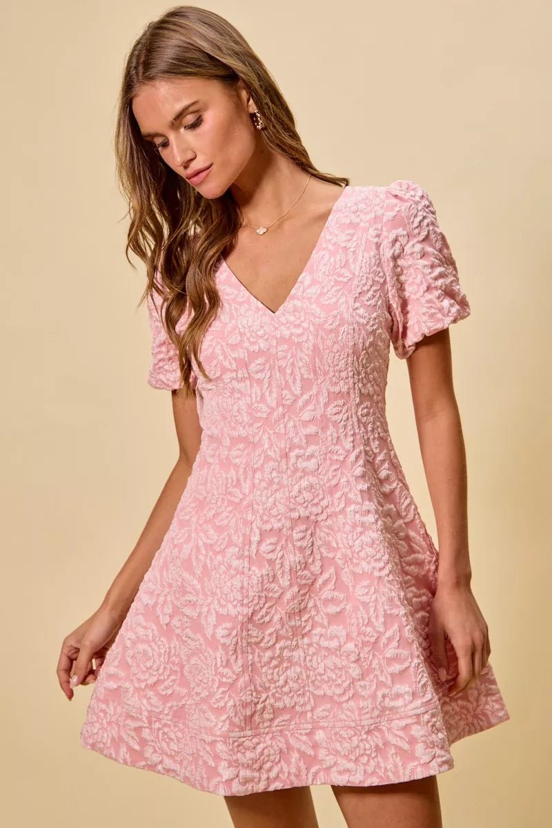 SO ME Floral Jacquard Fit and Flare Mini Dress in soft blush with delicate floral pattern and A-line silhouette