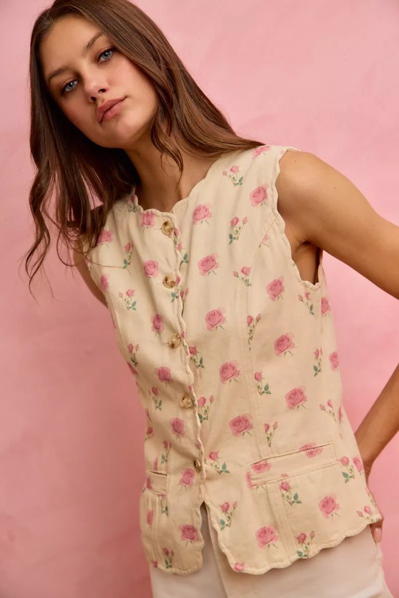 SO ME Floral Rose Cotton Twill Scallop Button Vest Top - Wow Store