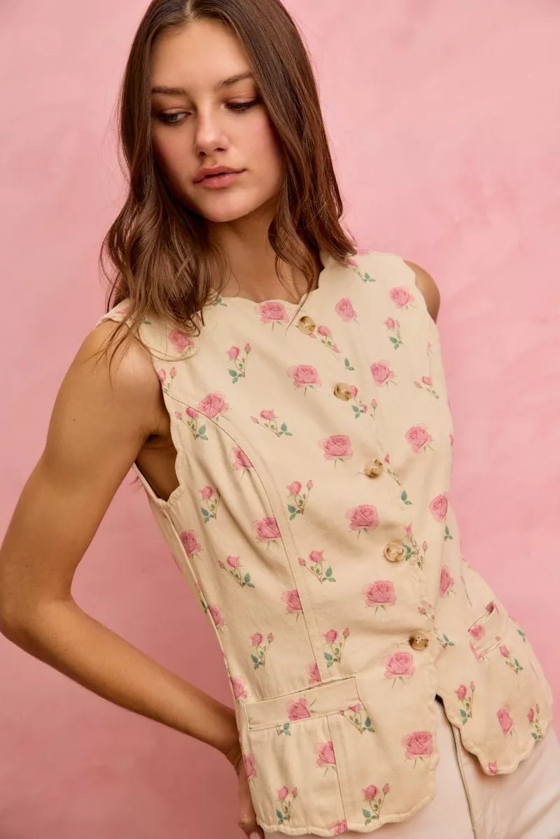 SO ME Floral Rose Cotton Twill Scallop Button Vest Top - Wow Store
