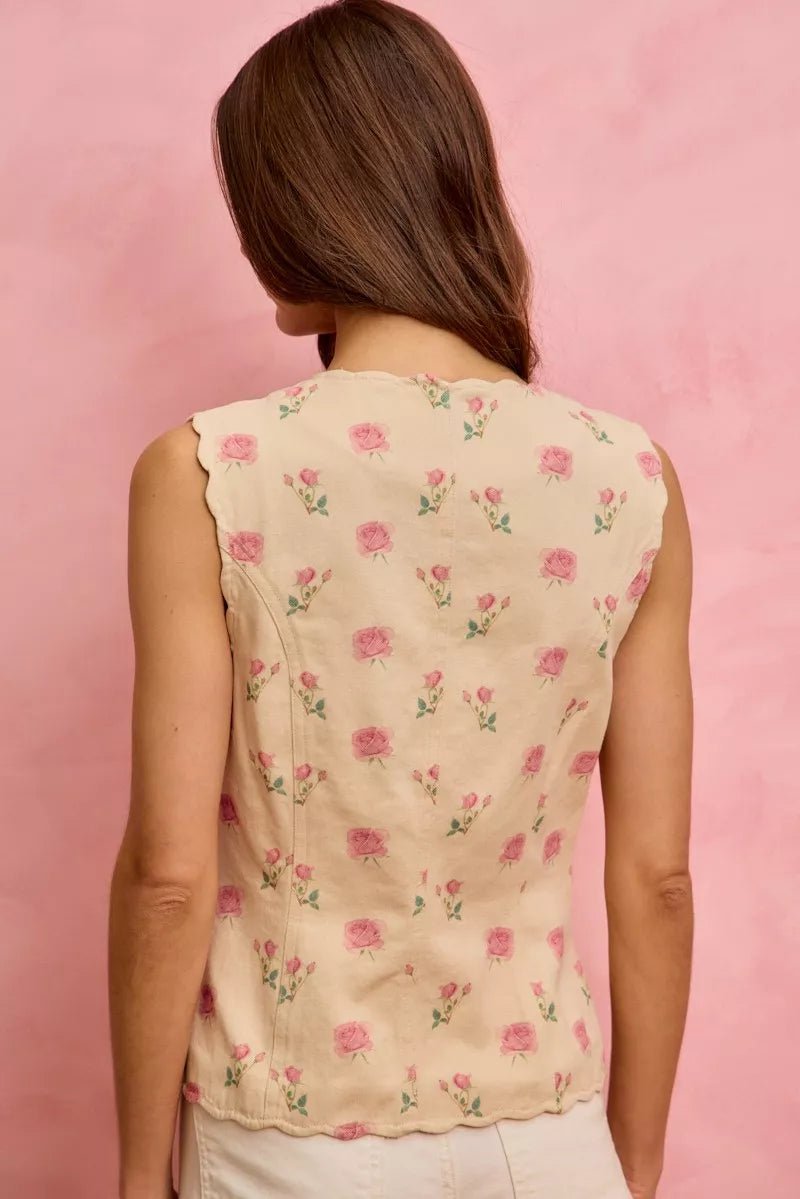 SO ME Floral Rose Cotton Twill Scallop Button Vest Top - Wow Store