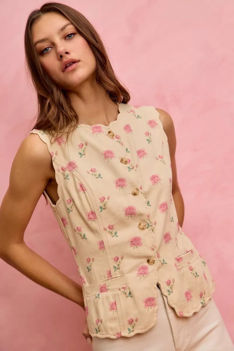 SO ME Floral Rose Cotton Twill Scallop Button Vest Top - Wow Store