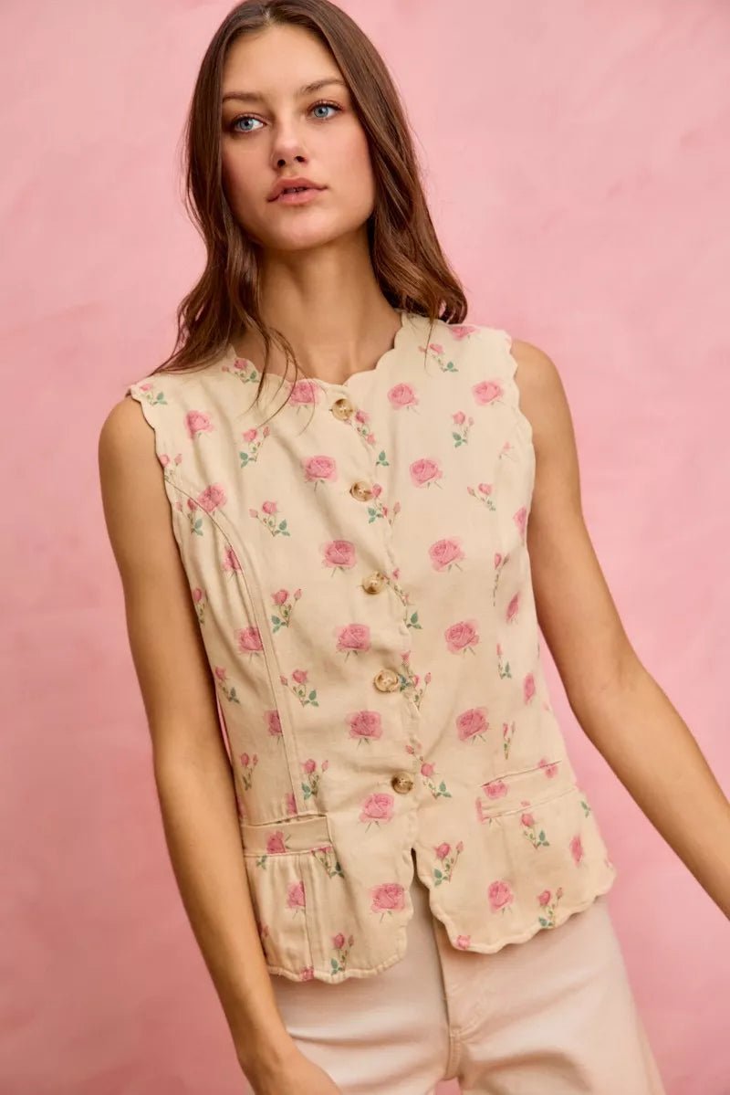 SO ME Floral Rose Cotton Twill Scallop Button Vest Top - Wow Store