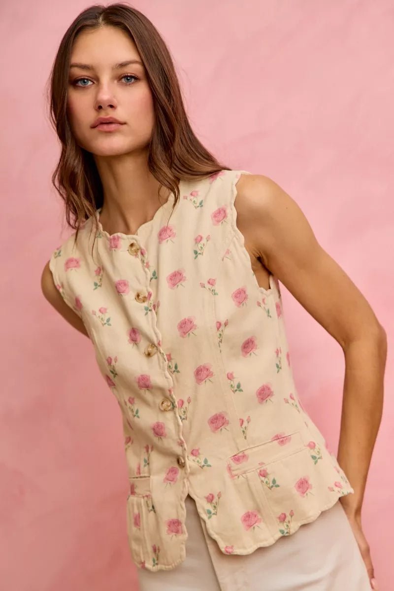 SO ME Floral Rose Cotton Twill Scallop Button Vest Top - Wow Store
