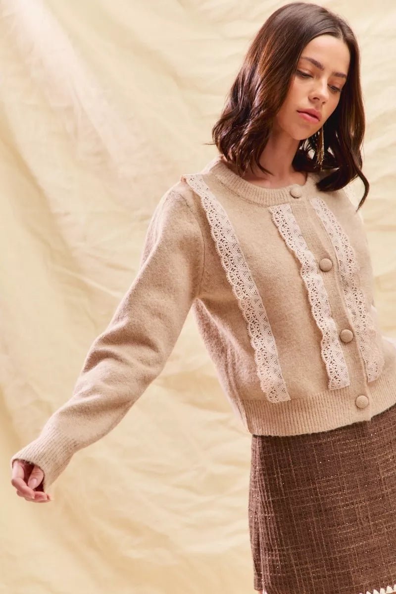 SO ME Front Lace Trim Button Cardigan Sweater - Wow Store