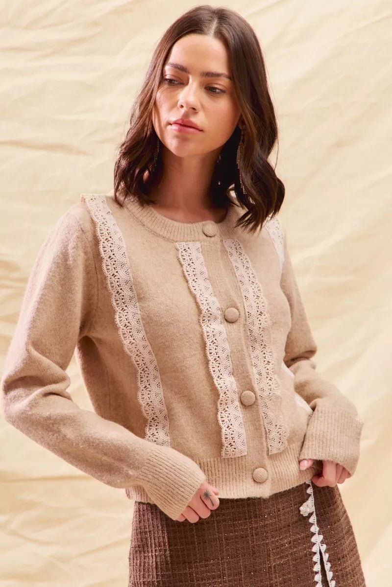 SO ME Front Lace Trim Button Cardigan Sweater - Wow Store