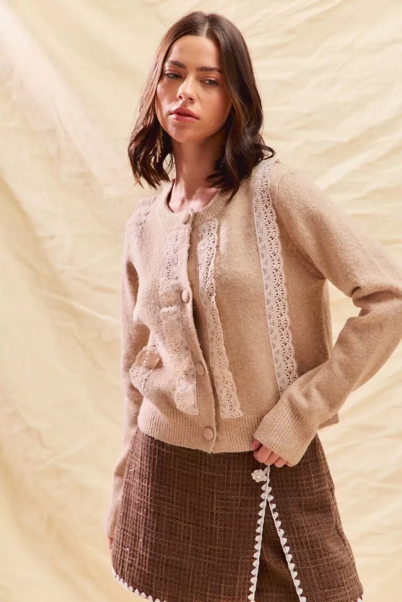 SO ME Front Lace Trim Button Cardigan Sweater - Wow Store