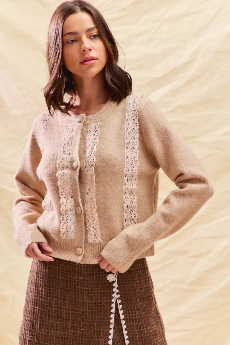 SO ME Front Lace Trim Button Cardigan Sweater with delicate lace detailing and button front, soft neutral tone, elegant knit 
