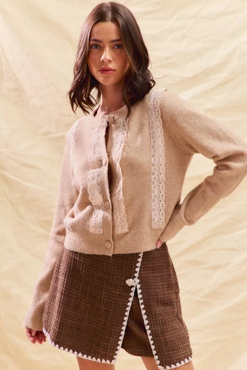 SO ME Front Lace Trim Button Cardigan Sweater - Wow Store